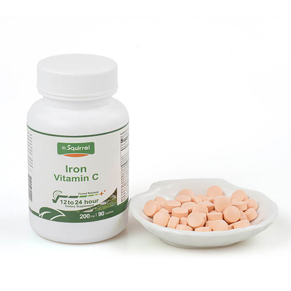 Vitamina C 200 Mg Con Hierro 50 Mg 90 Tabletas Cápsula de Liberación Extendida Apoya la Sangre Rica en Oxígeno